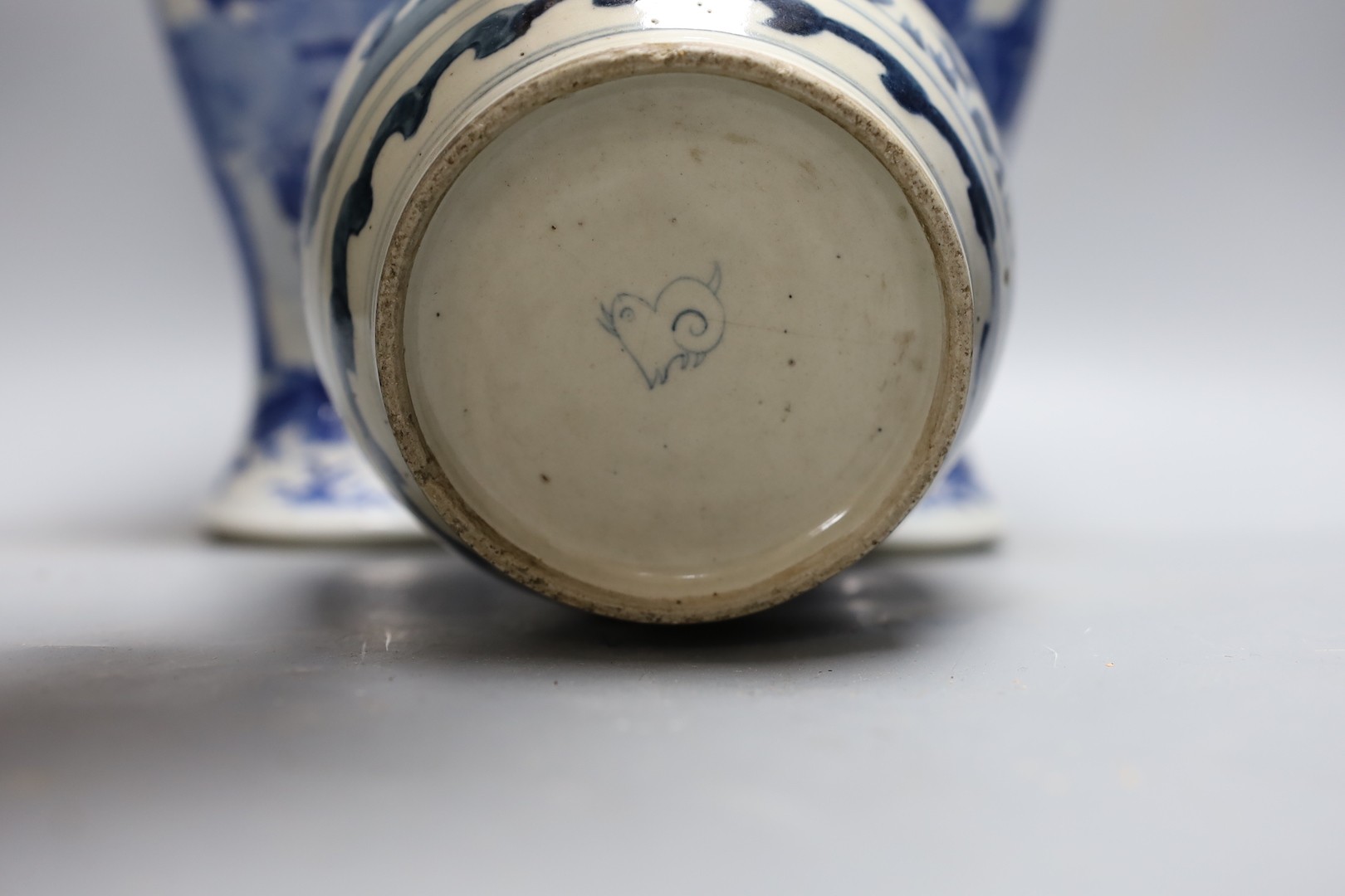 A pair of Chinese blue and white ‘boys’ baluster vases and a Chinese blue and white jar, 19th-century and later 27cm